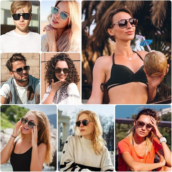 🆕Women Green Retro Trendy Classic Square Vintage Shade Double Bridge Sunglasses - Picture 2 of 7